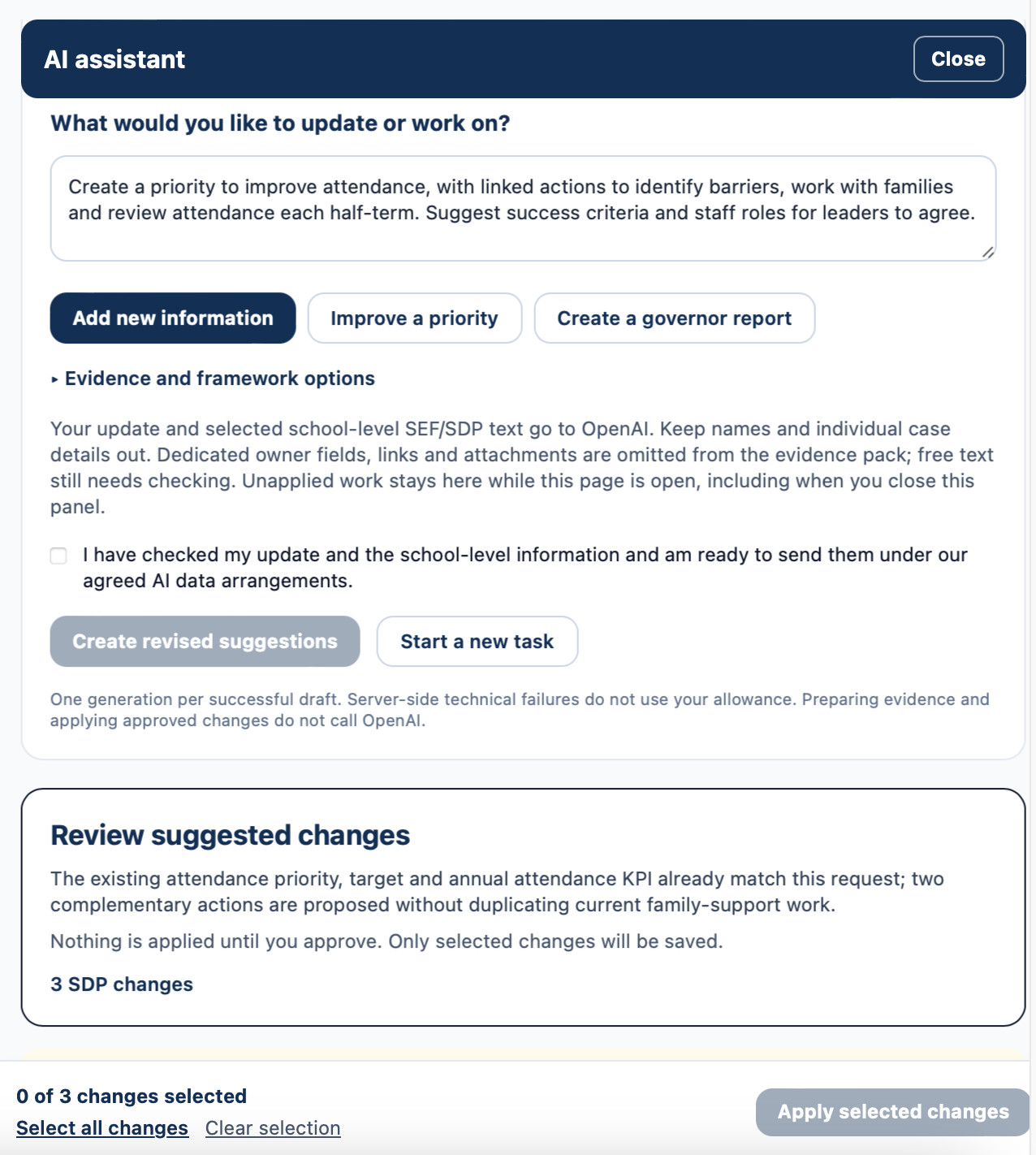 Fullscoped AI assistant showing the update request, available tasks, information-check confirmation and suggested-change summary.